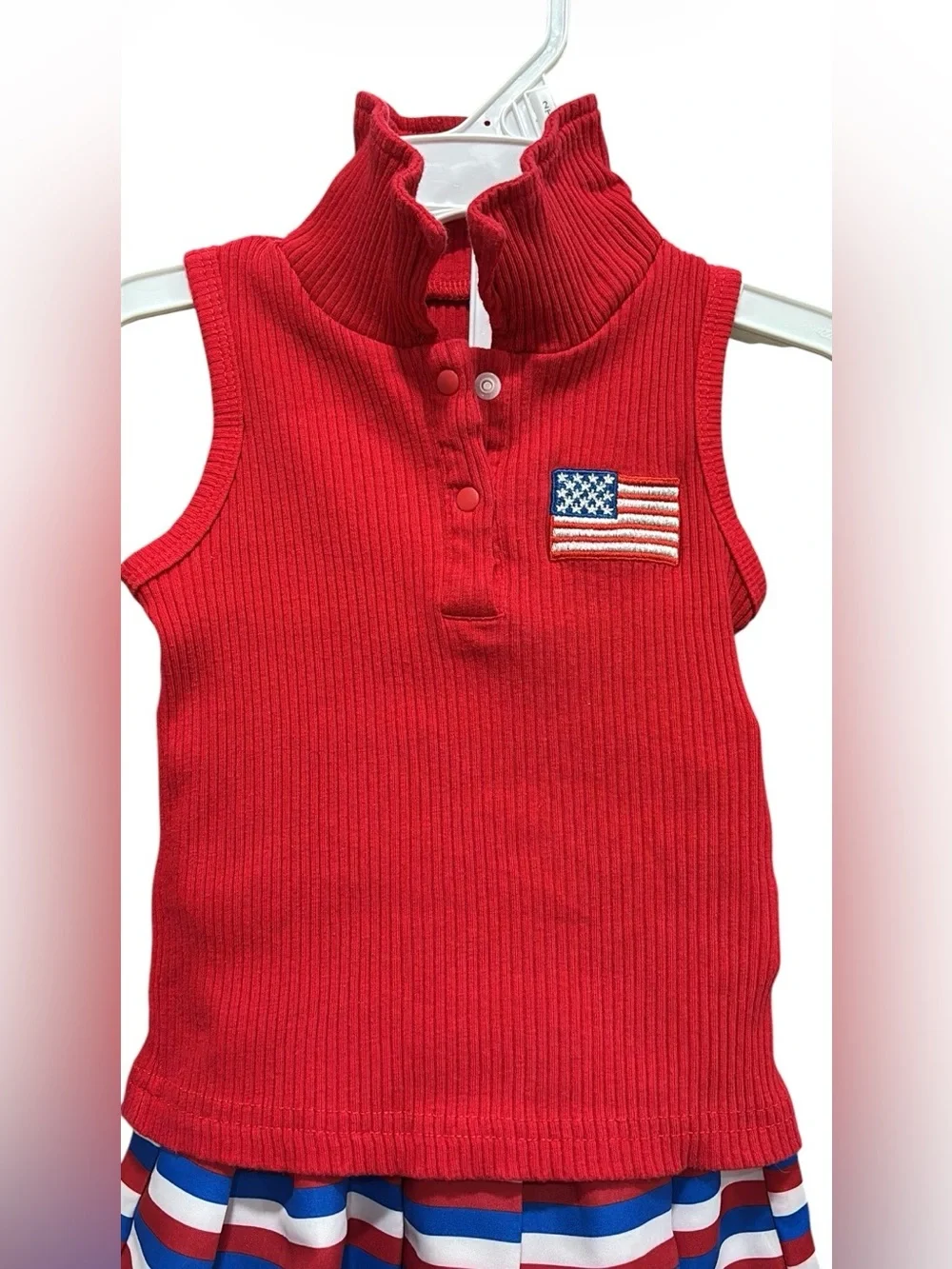 Amazon Girls Red Polo Tank & Red White Blue Striped Pleated Skirt Set